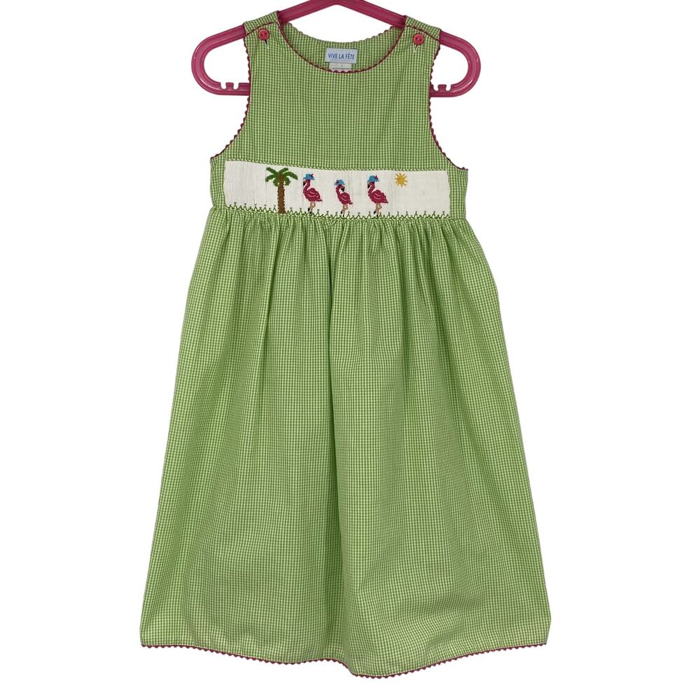 Vive la Fete Lime Green and White Gingham Plaid Hand Smocked Flamingo Dress SZ 5